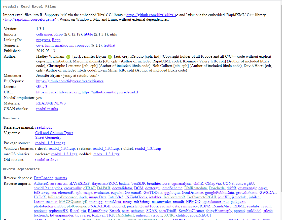 Page du package readxl avec l'archive des fichiers comportant toutes les fonctions codées en R (fichier tar.gz), ainsi que le manuel en pdf