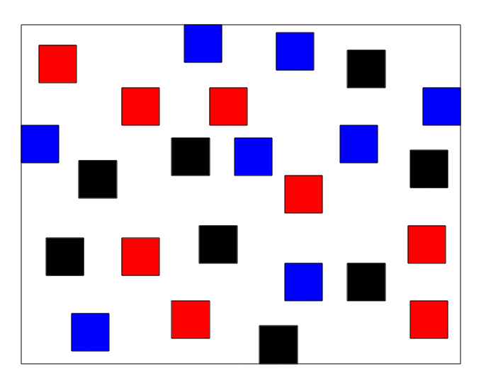 Sélection aléatoire des unités expérimentales et assignation aléatoire de trois traitements dans un dispositif complètement aléatoire. À noter que chaque couleur correspond à un traitement appliqué à l'unité expérimentale ($n = 8$ répétitions par traitement).