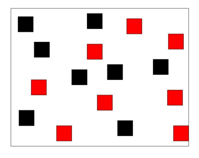 Sélection aléatoire des unités expérimentales et attribution aléatoire des unités parmi la population pour le test $t$ à deux groupes. À noter que les deux couleurs distinguent les deux traitements appliqués aux unités expérimentales ($n = 8$ répétitions par traitement).}