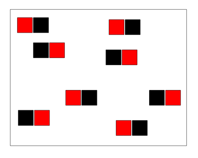 Sélection aléatoire des paires d'unités expérimentales et assignation aléatoire de l'un des deux traitements. À noter que chaque couleur correspond à un des deux traitements appliqués à chaque unité expérimentale d'une paire ($n = 8$ paires).
